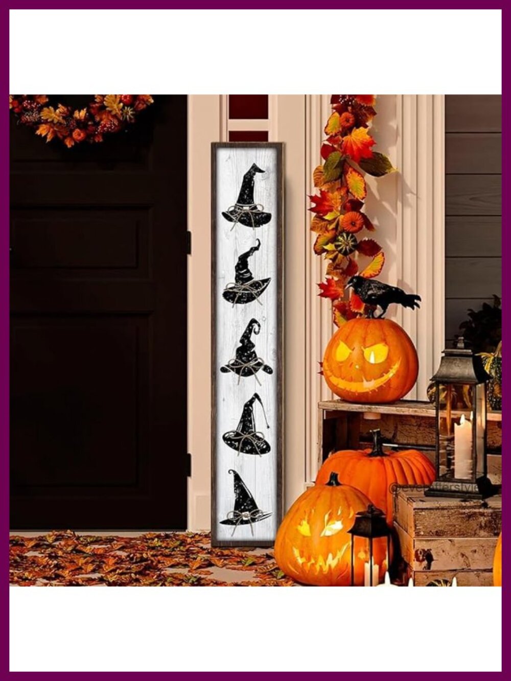 Halloween Standing Wooden Porch Sign with Witch Hats Welcome Decor